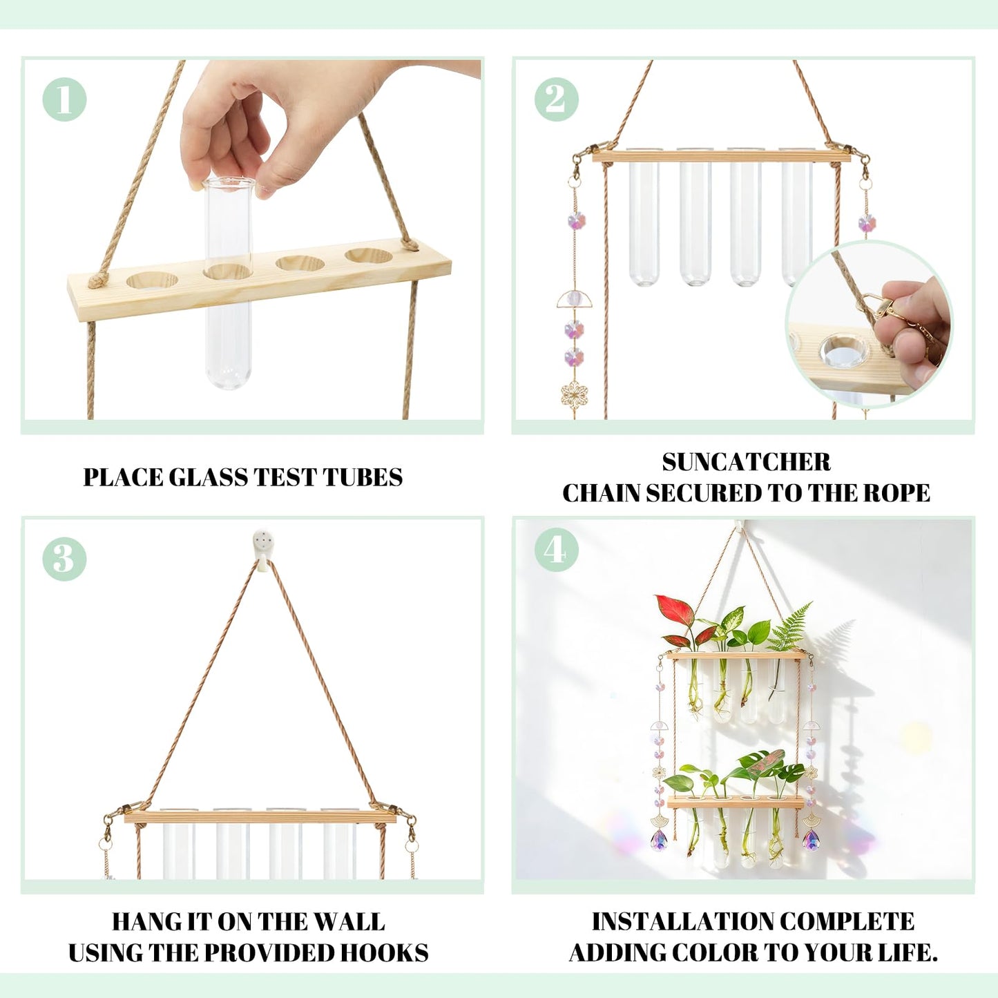 Hanging Propagation Stations with Crystal Suncatchers Glass Wall Planters for Indoor Plants Hydroponics, 2 Tiered Wooden Stand Mini Test Tube Flower Vase Glass Planter Stations for Home Decor (Beige)