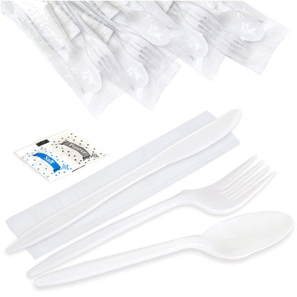 Fit Meal Prep 75 Pack Individually Wrapped Utensils - Prepackaged White Plastic Cutlery Set with Disposable Spoon, Fork, Knife, Napkin, Salt and Pepper Packets - Prewrapped to Go Silverware Utensil