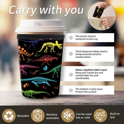 AMZXCFGL 3 Pack Reusable Neoprene Insulator Sleeve for Iced Coffee Cups, Cute Funny Coffee Cup Sleeve, Universal Fit 16-32oz Cups for Hot Cold Beverages Cute Dinosaur