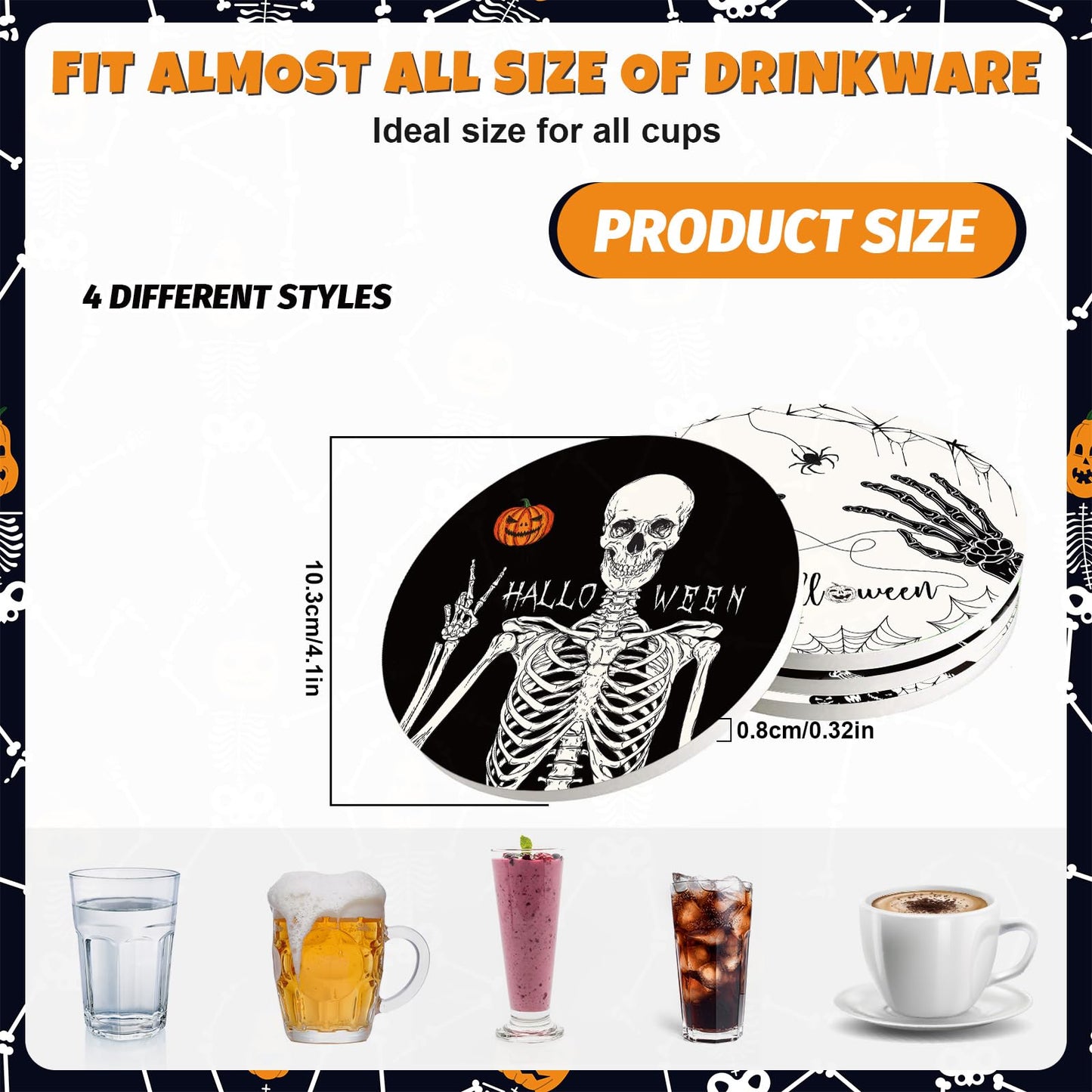 Whaline 4Pcs Halloween Ceramic Coasters Skeleton Pumpkin Drink Coasters Absorbent Cup Mat for Mug Cup Home Kitchen Party Table Decor