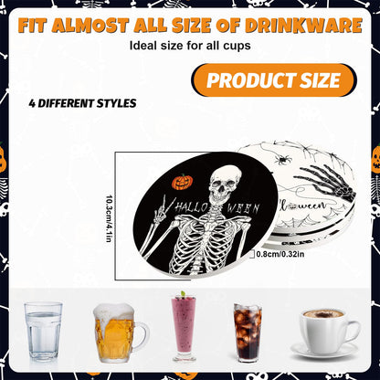 Whaline 4Pcs Halloween Ceramic Coasters Skeleton Pumpkin Drink Coasters Absorbent Cup Mat for Mug Cup Home Kitchen Party Table Decor