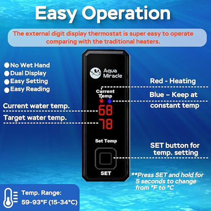 AquaMiracle 100W Small Aquarium Heater Fish Heater, Super Mini Fish Tank Heater Turtle Tank Heater for 10-20 Gal Tanks, with Dual LED Display, Dry-Run/Overheating Protection & Memory Function