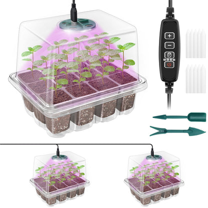 Qoolife Seed Starter Tray with Plant Light, 2 Pack Grow Lights for Seed Starting Kit with Humidity Domes, Timing Controller Adjustable Brightness for Greenhouse Propagator Station Growing Transparent