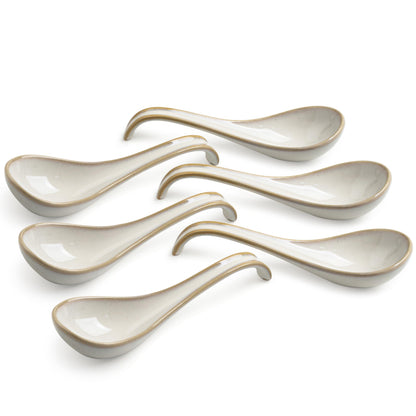 LYEOBOH Asian Soup Spoons, 6.5 inch Ceramic Soup Spoon Set of 6, Dinner Spoons with Deep Hook for Home, Kitchen, Dishwasher & Microwave Safe, Farmhouse Style, Beige
