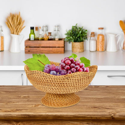 DOITOOL Rattan Fruit Bowl, Woven Footed Bowl Round Pedestal Plate Decorative Bowl for Table Centerpiece, 10 Inch Rattan Footed Bowl Woven Fruit Bowl for Kitchen Counter or Table Decorations