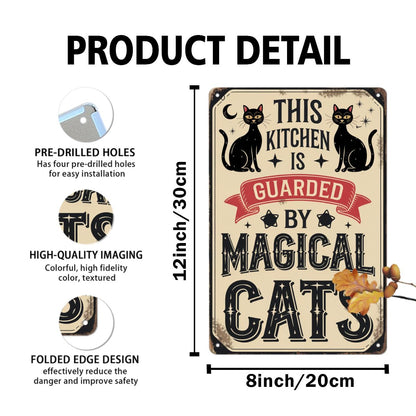 This Kitchen Is Guarded By Magical Cats Metal Tin Sign Halloween Theme Wall Hanging Rustic Style Wall Decor For Kitchen, Farmhouse, Living Room, Halloween Party Decorative Signs & Plaques 8x12 Inch