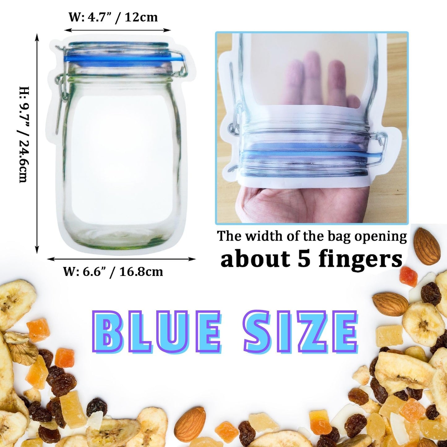 laffeya 20Pack 1000ml (9.7 * 6.6 * 4.7inch) Reusable Mason Jar Bags for Candy & Snacks - Leakproof Storage & Display