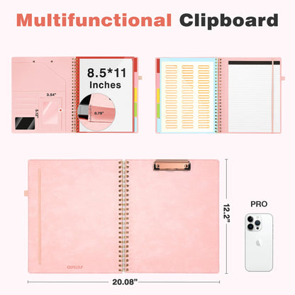 Clipboard with Storage for Men Women, Leather Padfolio Portfolio Organizer 5 Folders with 10 Pockets, Spiral Clipboard Folio with Notepad for Letter Size, Elastic Closure and Pen Loop Pink