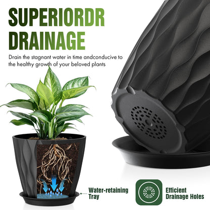 Areutxbis 8 Inch Wave Plant Pots with Drainage Holes & Saucers, 4 Pack Modern Textured Medium Planters for Indoor Outdoor Plants, Decorative Flower Pots Repotting Set for Flowers, Herbs (Black)