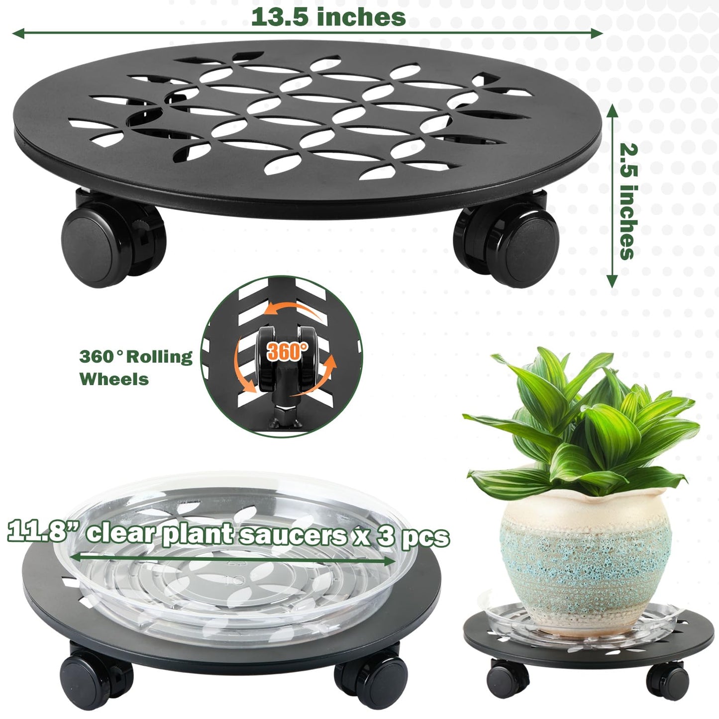 DEELF OUTLET 3 Packs 13.5" Large Metal Plant Caddy with Wheels Heavy-duty Plant Dolly Pot Mover Rollers Rolling Plant Stands Indoor Outdoor Wheeled Plant Holder Coaster Trolley, Black