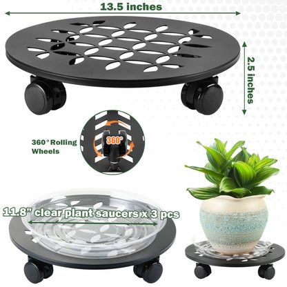 DEELF OUTLET 3 Packs 13.5" Large Metal Plant Caddy with Wheels Heavy-duty Plant Dolly Pot Mover Rollers Rolling Plant Stands Indoor Outdoor Wheeled Plant Holder Coaster Trolley, Black