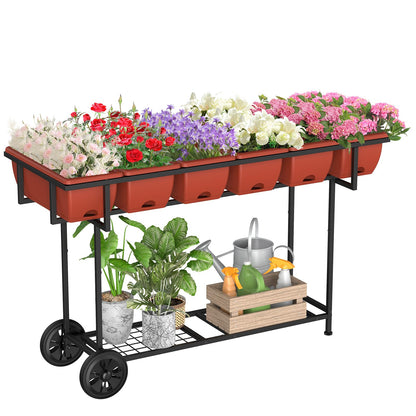 YBING Elevated Garden Bed with Wheels Outdoor 42x17x30in Elevated Raised Planter Box Stand 6 Pocket Herb Garden Planter with Storage Shelf for Balcony Patio, Red