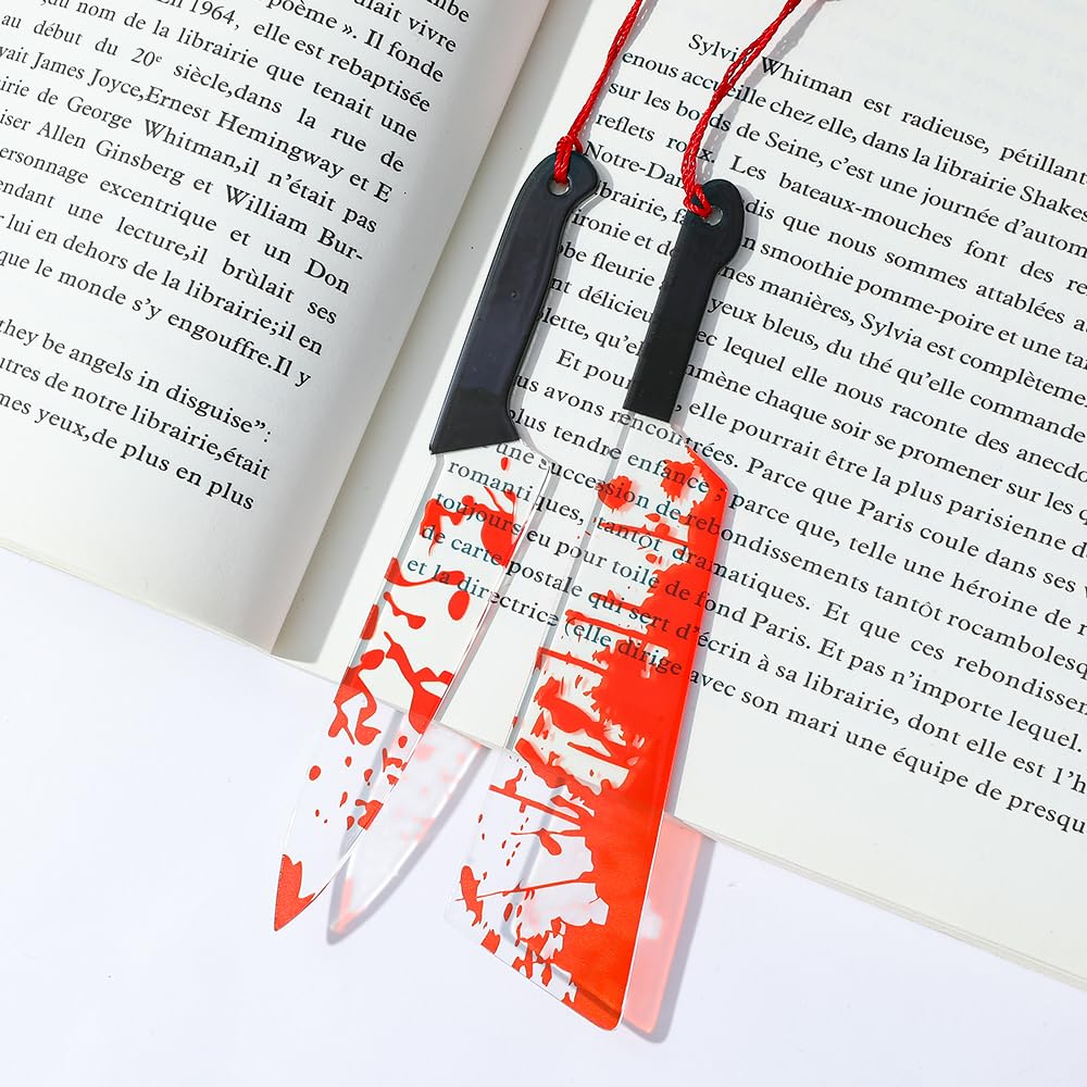 Horror Novelty Bookmark Set - 6 Creepy Tool Shapes with Blood Stain Design, Gothic Book Accessories for Halloween Gifts, Macabre Metal Page Holders with Red Tassels (6Pcs Tools of Terror)