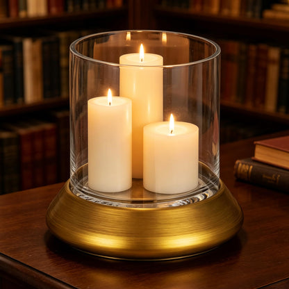 10.5" Farmhouse Glass Hurricane Candle Holder & Glass Vase with Metal Base in Antique Brass for Pillar & Flower Arrangement, Candlestick Holder, Terrarium, Centerpiece, Console, Dining Table, Mantel