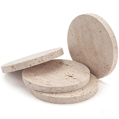 Huazzzyi Beige Travertine Coasters Set of 4 – Natural Absorbent Round Stone Coasters with Storage Rack, Handmade Marble Coasters for Coffee Bar, Dining Table, Housewarming Gift