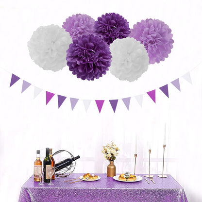 Purple White Lavender Party-Decorations Streamers - 28pcs Tissue Pom Poms,Women Girl Birthday Supplies Tassel Garland Banner,Baby Bridal Shower Wedding Engagement Bachelorette Graduation Decor Lasting Surprise