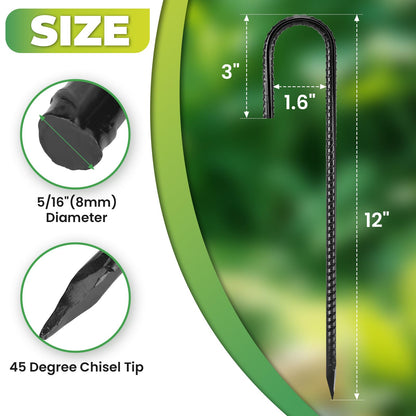 Homwin Ground Stakes 12 inches 18-Pack J Hook Rebar Stakes 5/16" Diameter Tent Stakes Heavy Duty Metal Stakes for Outdoor Decorations, Yard Inflatables and Chain Link Fence
