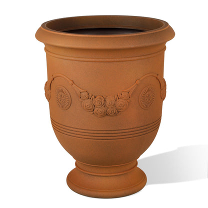 KOL Large Plastic Urn Planter - 16” Dia x 19” H Lightweight Classic Planter Pot with Cement Texture & Drainage Hole, Weather Resistant for Outdoor Plants, Patio, Garden Decor (Rusty)