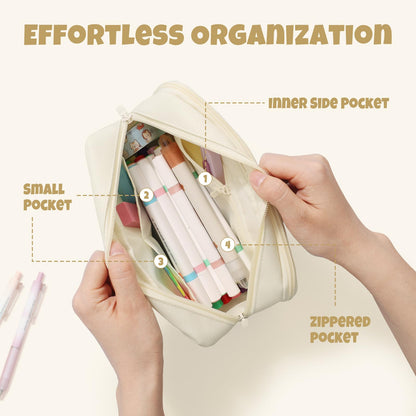 SUNEE Pencil Case, Large Capacity Pencil Pouch, Aesthetic Big Pen Bag 900D Oxford Pen Box for Office Stationery Organizer School Supplies Multifunctional for Teen Boys Girls Women Men, Beige