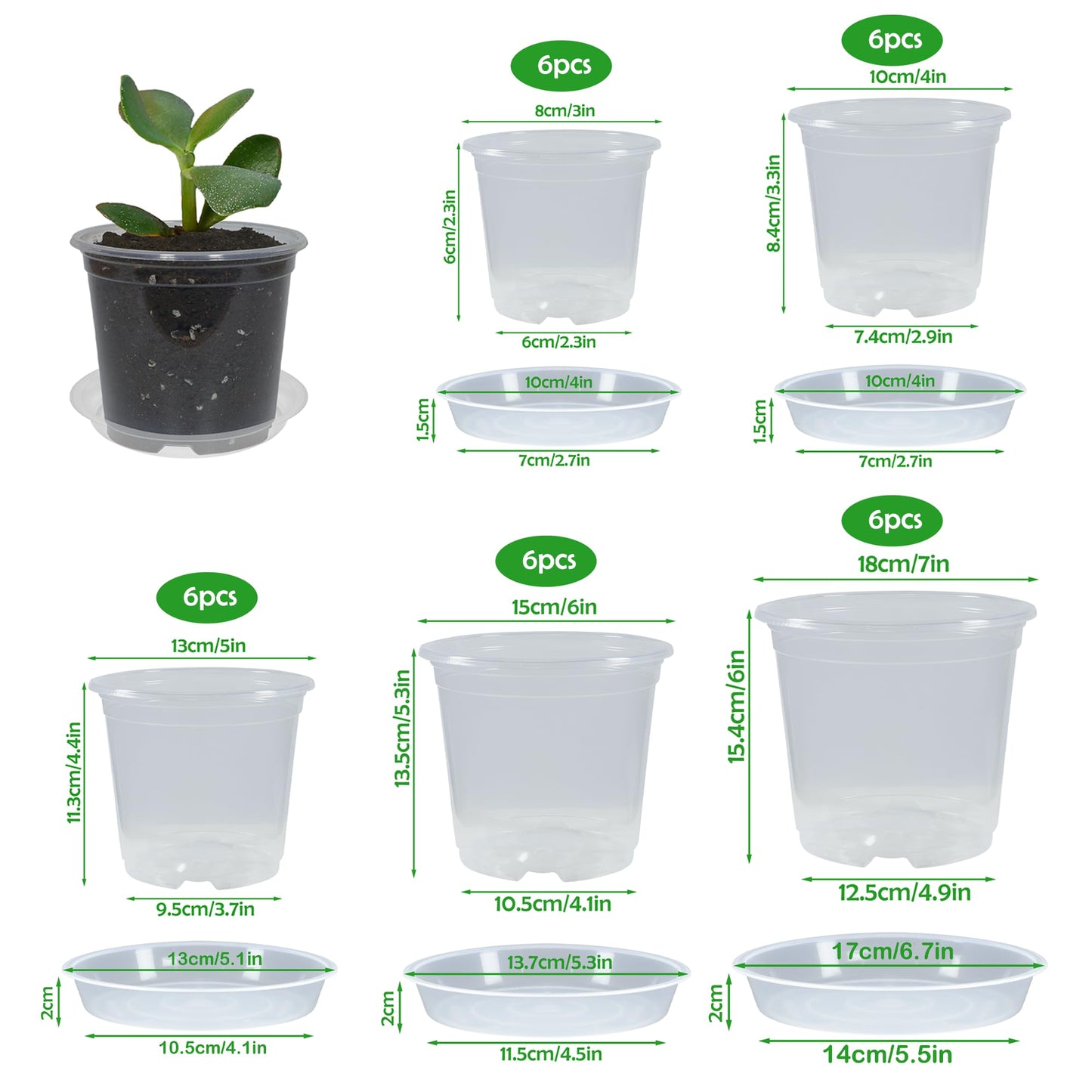 TNTIWQ 30 Pack 3/4/5/6/7 Inch Clear Nursery Pots with Drainage and 30 Pack Plant Saucers, Plant Pots for Plants Transparent Potting Containers for Plants Seeding Starter Pot (Clear, 3/4/5/6/7 Inch)