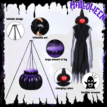 Knitgrip Set of 6 Halloween Outdoor Decorations 3 Light up Halloween Witch with Stake Witches Cauldron with Tripod Mist Maker with LED Light for Outdoor Garden Yard Lawn Porch Haunted Party Decor