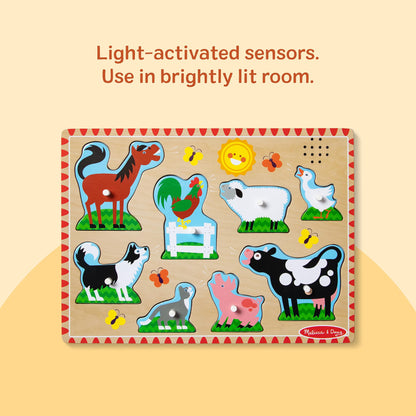 Melissa & Doug Farm Animals Sound Puzzle – 8-Piece Wooden Peg Puzzle with Light-Activated Sounds, Music Learning Toy for Toddlers and Preschoolers Ages 2+