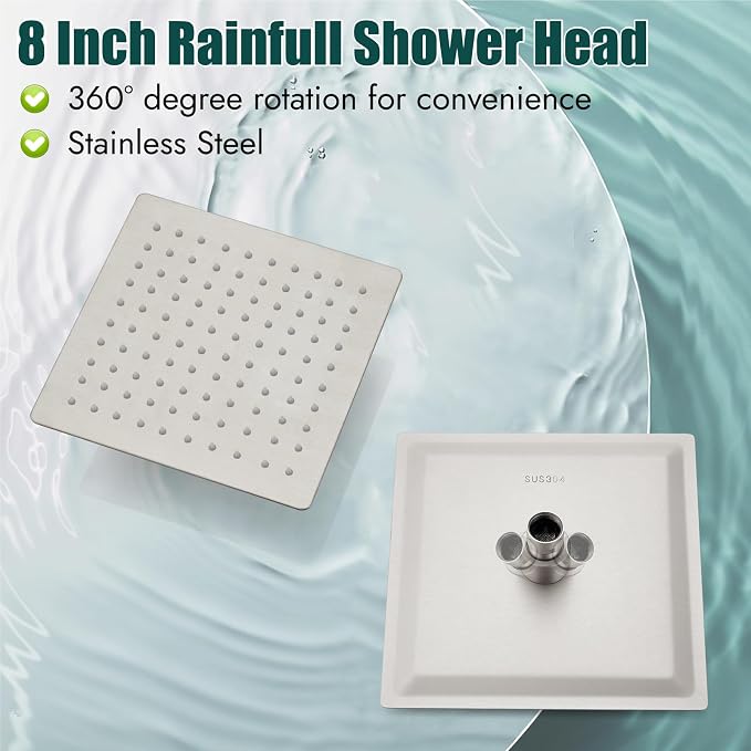 Heyalan Shower Faucet Set with Valve, Bathroom Rainfall Shower System, Wall Mount Single Handle Shower Trim Kit, Rainfall Fixed Shower Head, 8 Inch Square Shower Head,Brushed Nickel