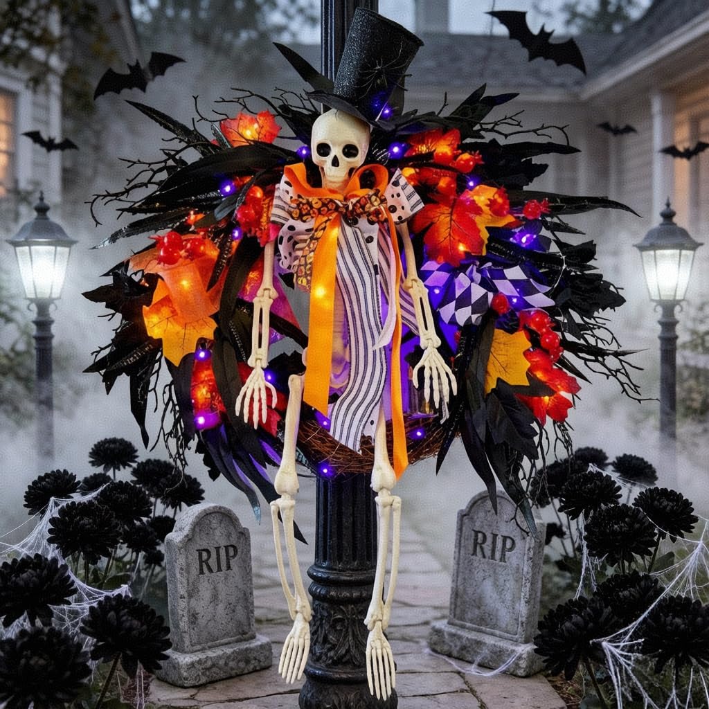 HipTree 28 Inch Halloween Skeleton Wreath for Front Door with Lights, Lighted Gothic Dark Aesthetic Door Wreath with Autumn Leaves Indoor Decorations Centerpiece Party Holiday Wall Home Decor