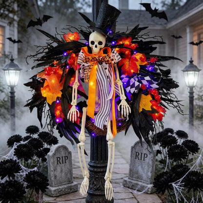HipTree 28 Inch Halloween Skeleton Wreath for Front Door with Lights, Lighted Gothic Dark Aesthetic Door Wreath with Autumn Leaves Indoor Decorations Centerpiece Party Holiday Wall Home Decor