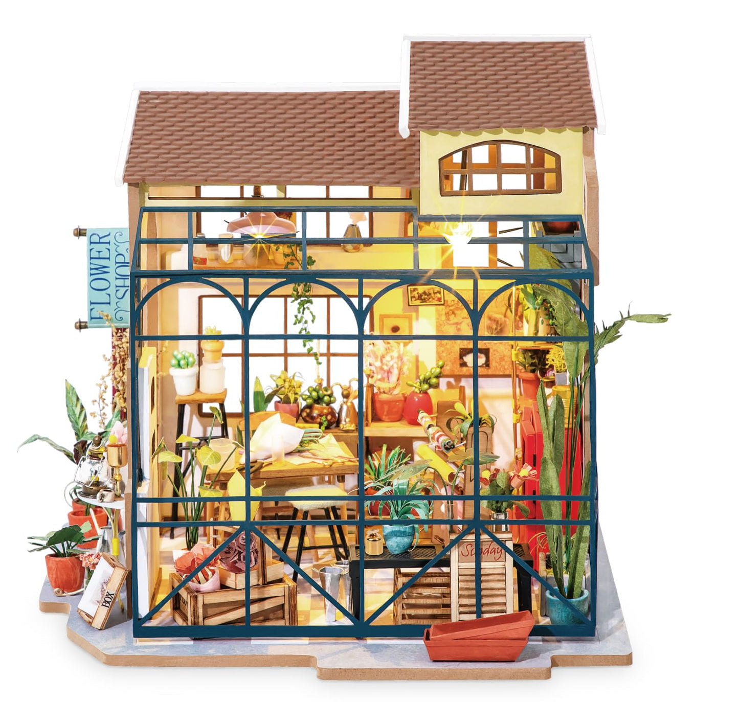 Rolife DIY Miniature House Kit Flower Shop, Tiny House Kit for Adults to Build, Mini House Making Kit with Furniture, Halloween/Christmas Decorations/Gifts for Family and Friends(Emily's Flower Shop)