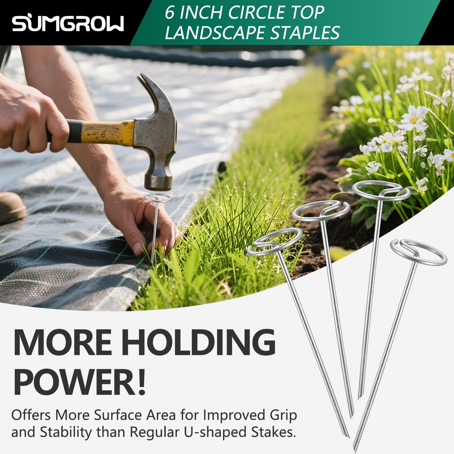 SUMGROW 120 Pack 6-inch, Landscape Staples, Fabric Pins, Weed Barrier Stakes, Circle Top Galvanized Steel Spikes for Securing Outdoor Tent, Ground Sheets, Fleece, Edging, Lawn Turf, Decorations