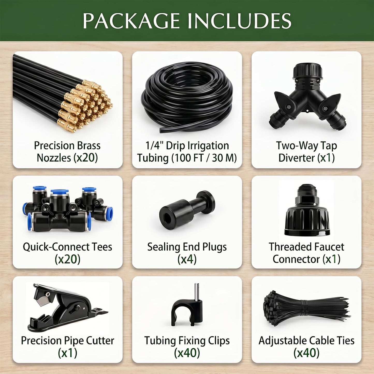 2026-Upgrade 100Ft 1/4" Drip Irrigation System,Garden Watering Kit with 20Pcs 360° Adjustable Copper Nozzles,Automatic Atomizing Sprinkler,DIY for Outdoor,Lawn,Greenhouse,Raised Beds (100FT/20pcs)