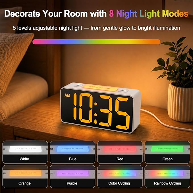 DreamSky Small Digital Alarm Clock with Night Light for Kids Bedroom | RGB Desk Clock with Large Numbers for Teens Boys, Brightness Dimmer, Adjustable Alarm Volume, USB Port, USB-C Adapter Powered
