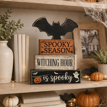 4 Pcs Halloween Table Decorations, Wooden Bat Tiered Tray Decor, Farmhouse Rustic Block Signs, Spooky Season Tabletop Centerpiece for Home Kitchen Shelf Office Mantel
