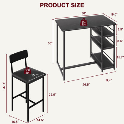CABIHOME Dining Table Set for 2, Kitchen Table and Upholstered Chairs for 2, 3 Piece Counter Height Bar Table Set with 3 Large Storage Shelves for Small Space, Apartment, Studio, Rustic Black