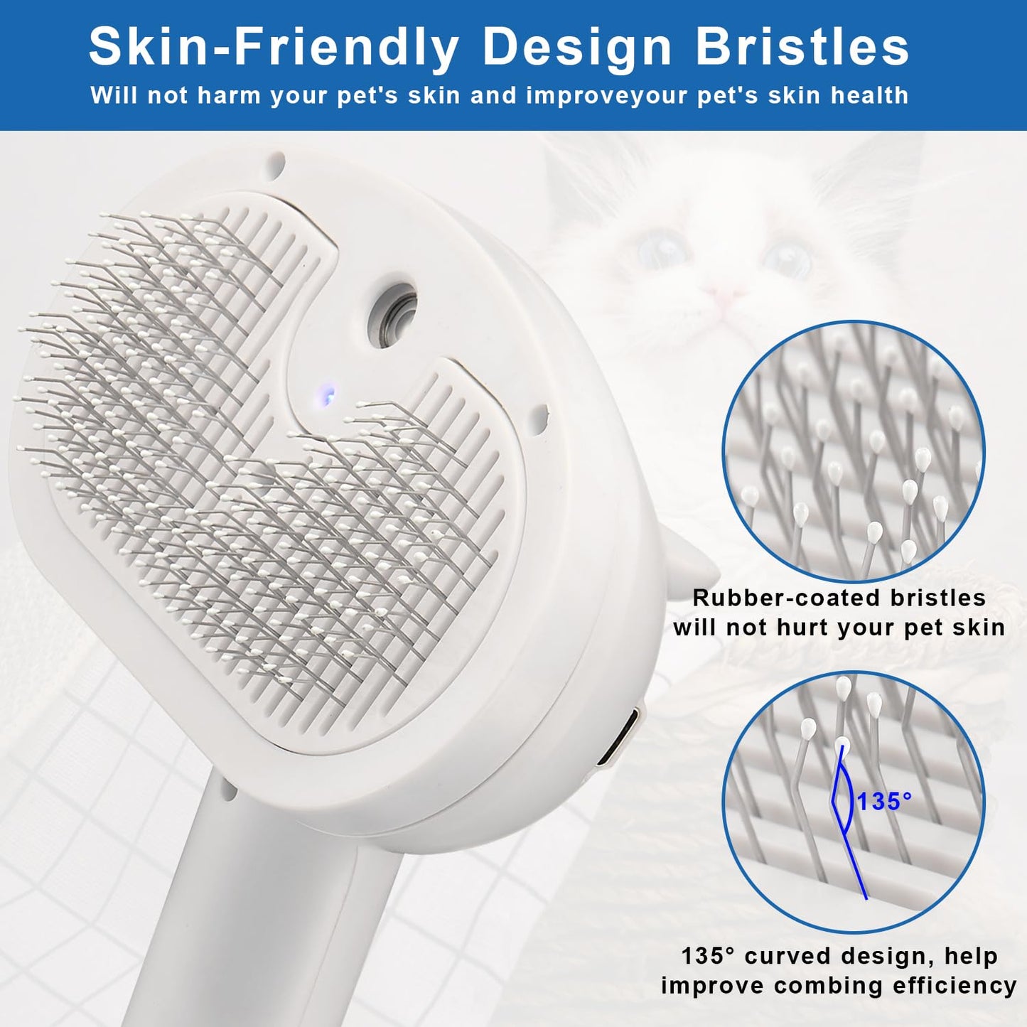 Pet Steam Brush for Shedding, 4 In 1 Brush for Long & Short Haired Cat&Dog, Self-Cleaning Hair Remover with Water Tank And LED Blue Light, Release Button(grey)