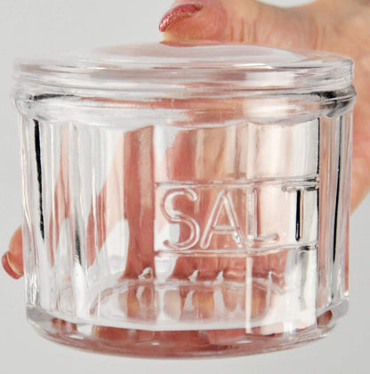 HOME-X Depression Style Clear Glass Salt Cellar with Lid, Retro Kitchen Decor, Wedding Gift - 3 1/2" H x 4" D