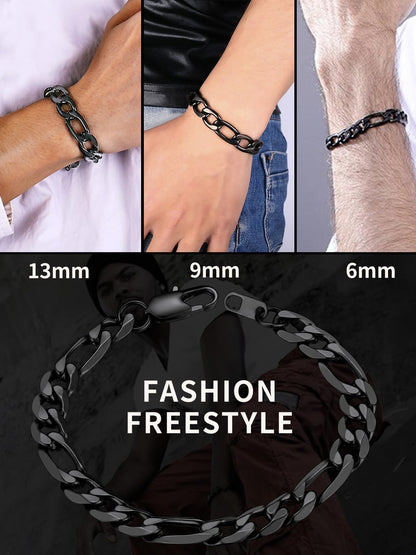 ChainsHouse Black Steel Bracelet Men and Womens 9mm 8.3/'' Punk Hip Hop Jewelry Stainless Steel Figaro Bracelets'' }
