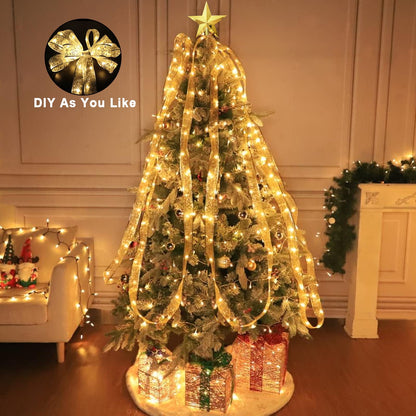 TURNMEON Christmas Ribbon Lights - 40 Ft, 120 LED, Timer & Remote Control, Warm Lights, Silver Ribbon, Model TAS-TO-7-W-US1
