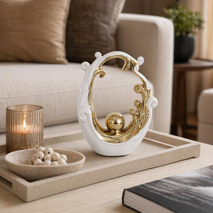 LINYTHER Abstract Ceramic Sculpture, White and Gold Modern Tabletop Statue Wave-Inspired, for Home Decor, Decorative Accent for Shelf, Mantel, Coffee Table, Console or Entryway