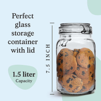 Set of 3 Glass Mason Jar with Airtight Lid 50 Ounces | Glass Storage Container for Food, Flour, Pasta, Coffee, Candy, Dog Treats, Snacks