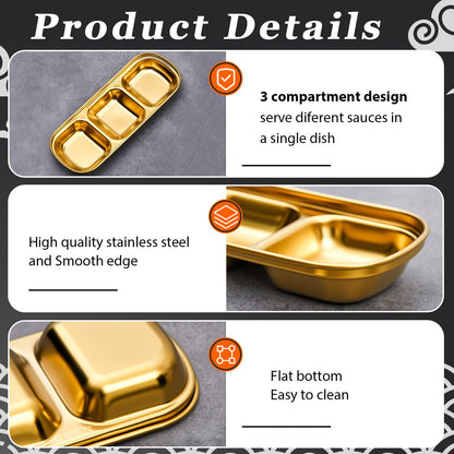 Maxcheck 12 Pcs Soy Sauce Dish Stainless Steel Divided Dip Bowls Korean 3 Compartment Sauce Plate Seasoning Dipping Condiment Tray for BBQ Vinegar Spice Salt Sugar Flavor Home Restaurant (Gold)