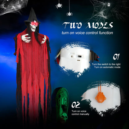 74.8" Halloween Decorations Outdoor - Moving Life-Size Skeleton Witch with Glowing Eyes, Sound-Actived Halloween Party Decoration with Creepy Sound (RED)