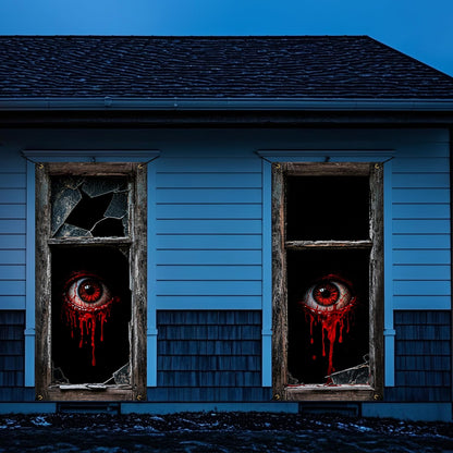 Roetyce Halloween Window Decorations, 2PCS Halloween Curtain Banner, Scary Window Clings Door Cover Indoor Outdoor 59 x 27.5 Inch, Horror Party Wall Poster