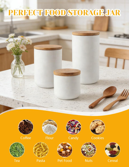 YYW Ceramics Food Storage Jar Canister with Airtight Seal Bamboo Lid, Simple Style Kitchen Canister for Food Storage, Store Coffee, Sugar, Tea, Spices and More (White (8.79oz/260ml))