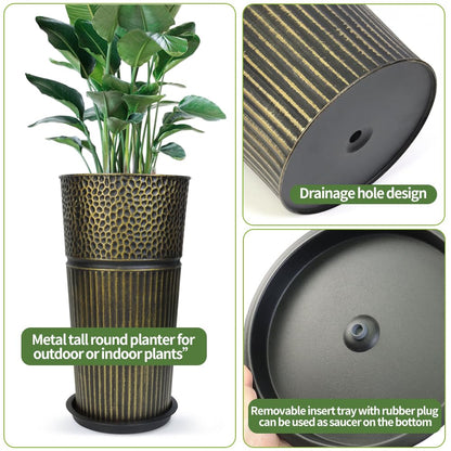 2 Pcs Pack 22 Inches Metal Tall Tapered Planter Pots Large Galvanized Steel Round Planter Flower Pot with Drainage Holes for Indoor Outdoor Deck Porch Garden Home Patio Front Door (Antique Bronze, S)