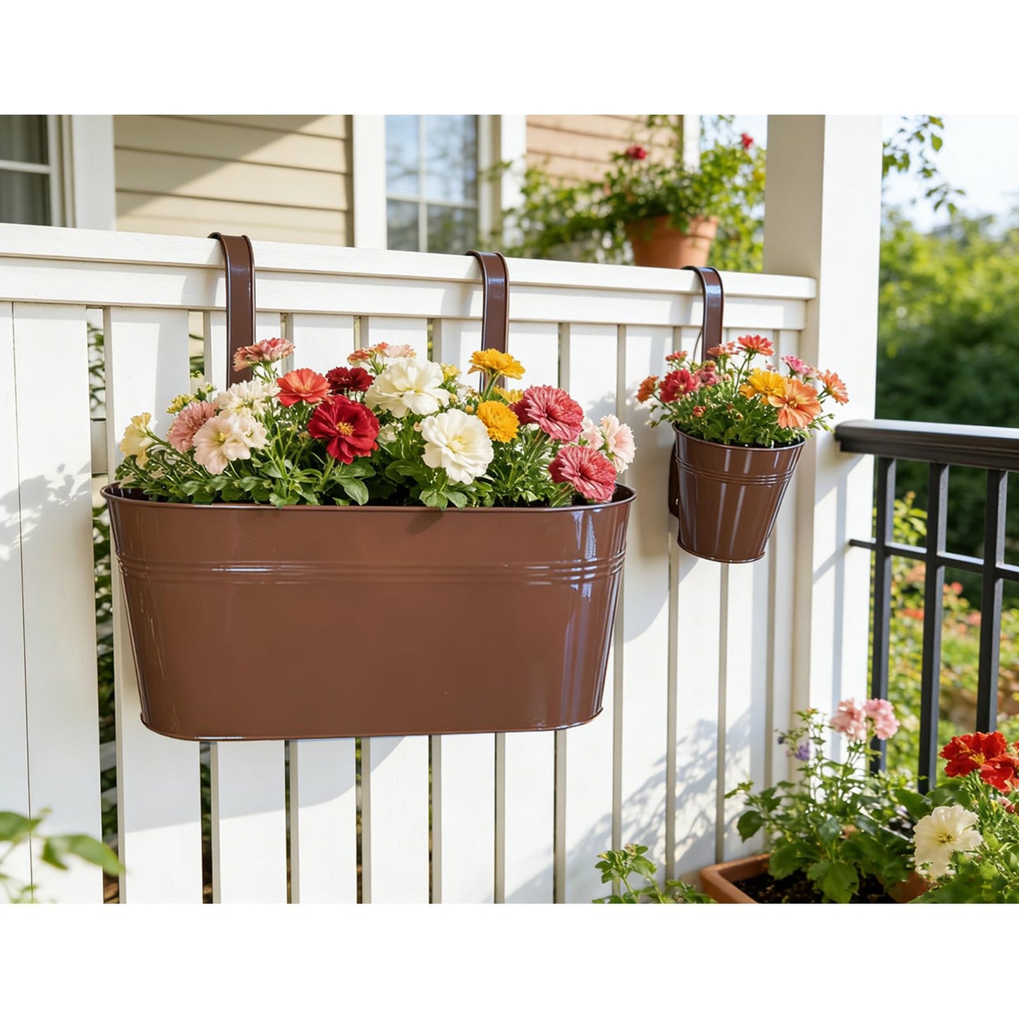 Joyfernal Set of 4 Outdoor Metal Railing Planters Box - 2 Pcs 5.12" Round Balcony Hanging Planter & 2 Pcs 17" Oval Fence Pot with Detachable Hooks Drainage, Chocolate