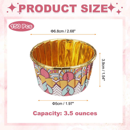 HARFINGTON 150 Pcs Cupcake Baking Liners 3.5 oz Foil Cupcake Liners Gold Little Baking Cups Bohemian Style for Birthday Party Wedding Festival, Dark Pink/Yellow