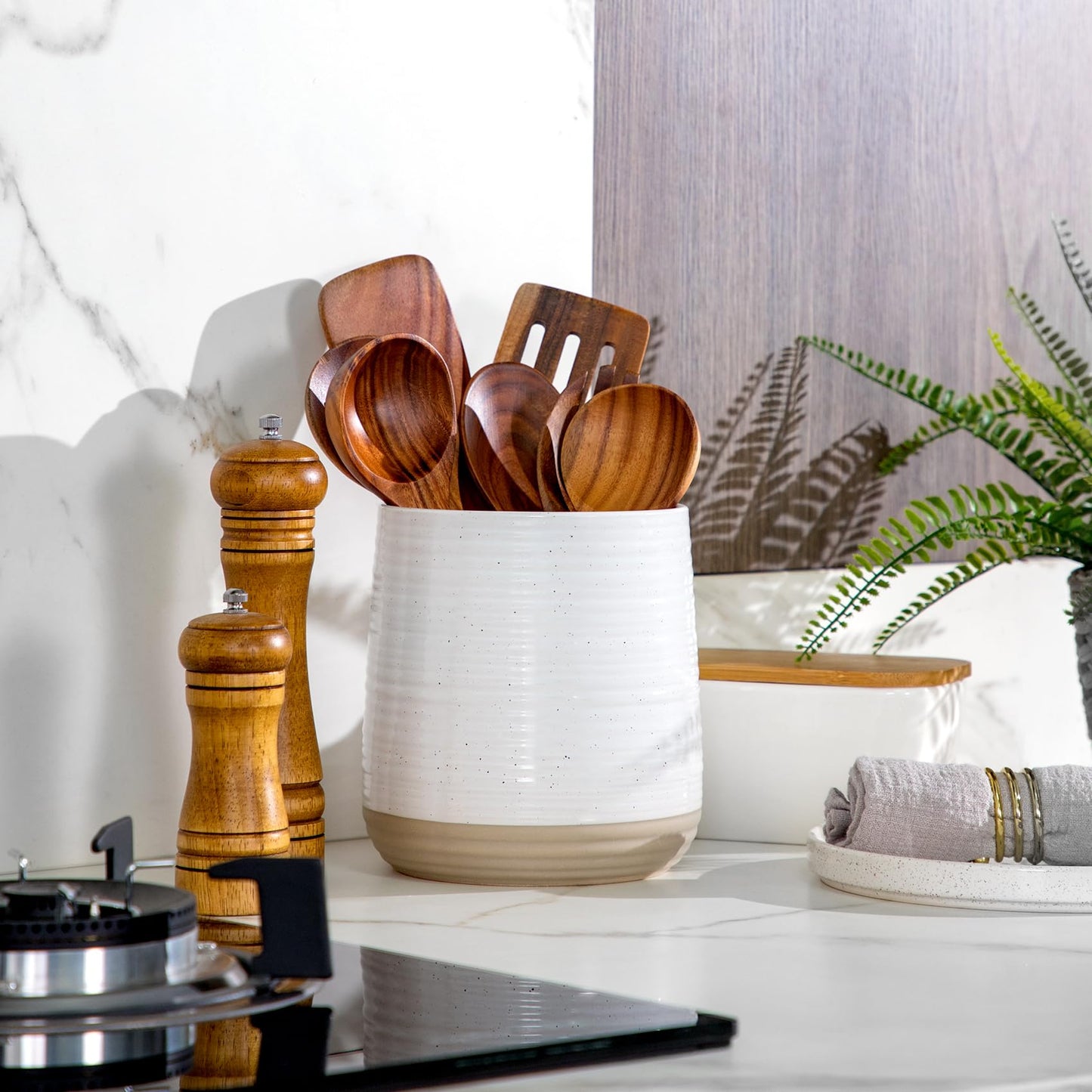 Officepal 6.8" Large Ceramic Kitchen Utensil Holder - Utensil Holder for Kitchen Counter, Modern Farmhouse Style Holder for Spoons, Spatulas & Cooking Tools (White)