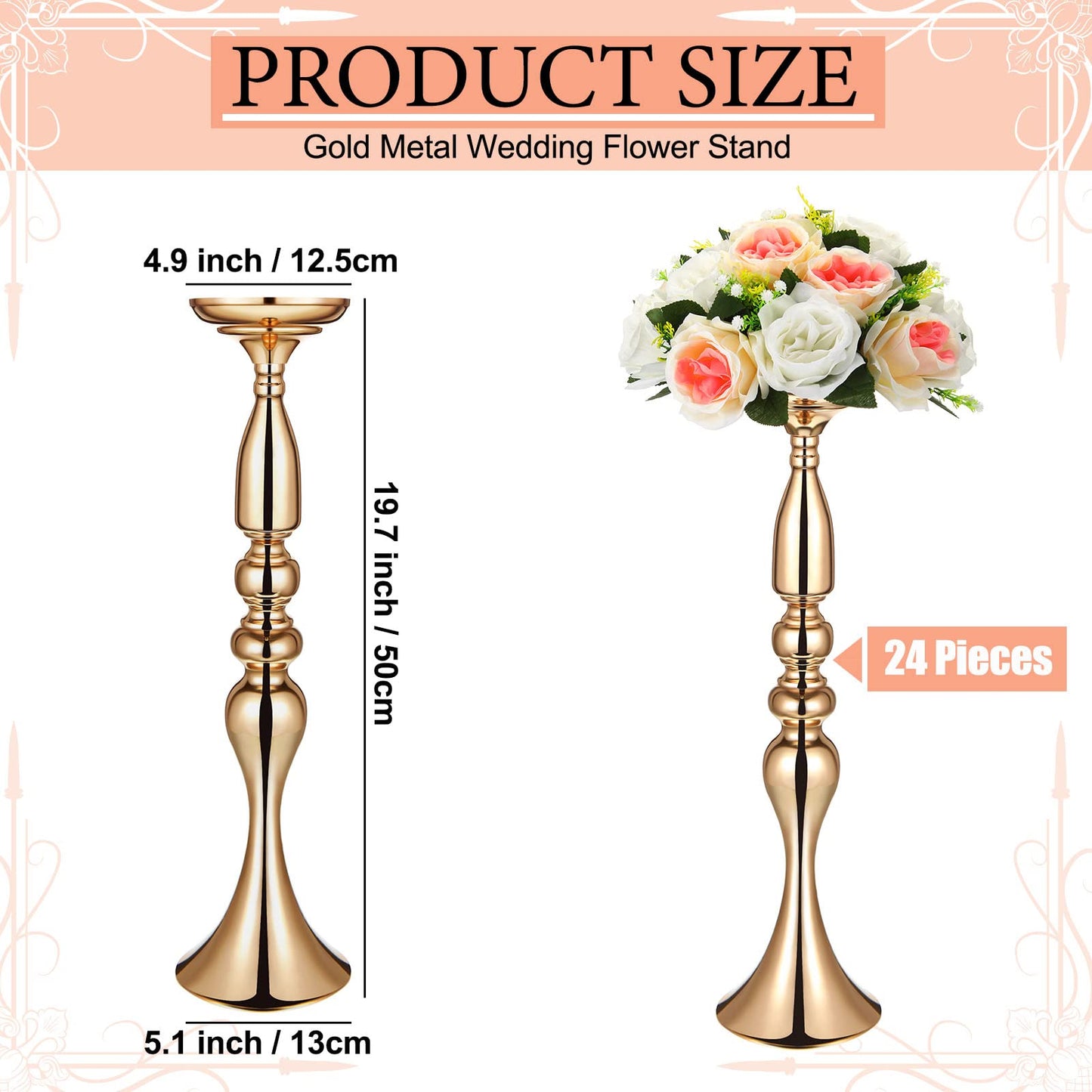 Rtteri 24 Pcs 20 Inch Tall Wedding Flower Stand Wedding Centerpieces for Table Metal Centerpiece Stand Flower Vase Floral Arrangement Holders for Reception Birthday Party Hotel Home Decoration (Gold)
